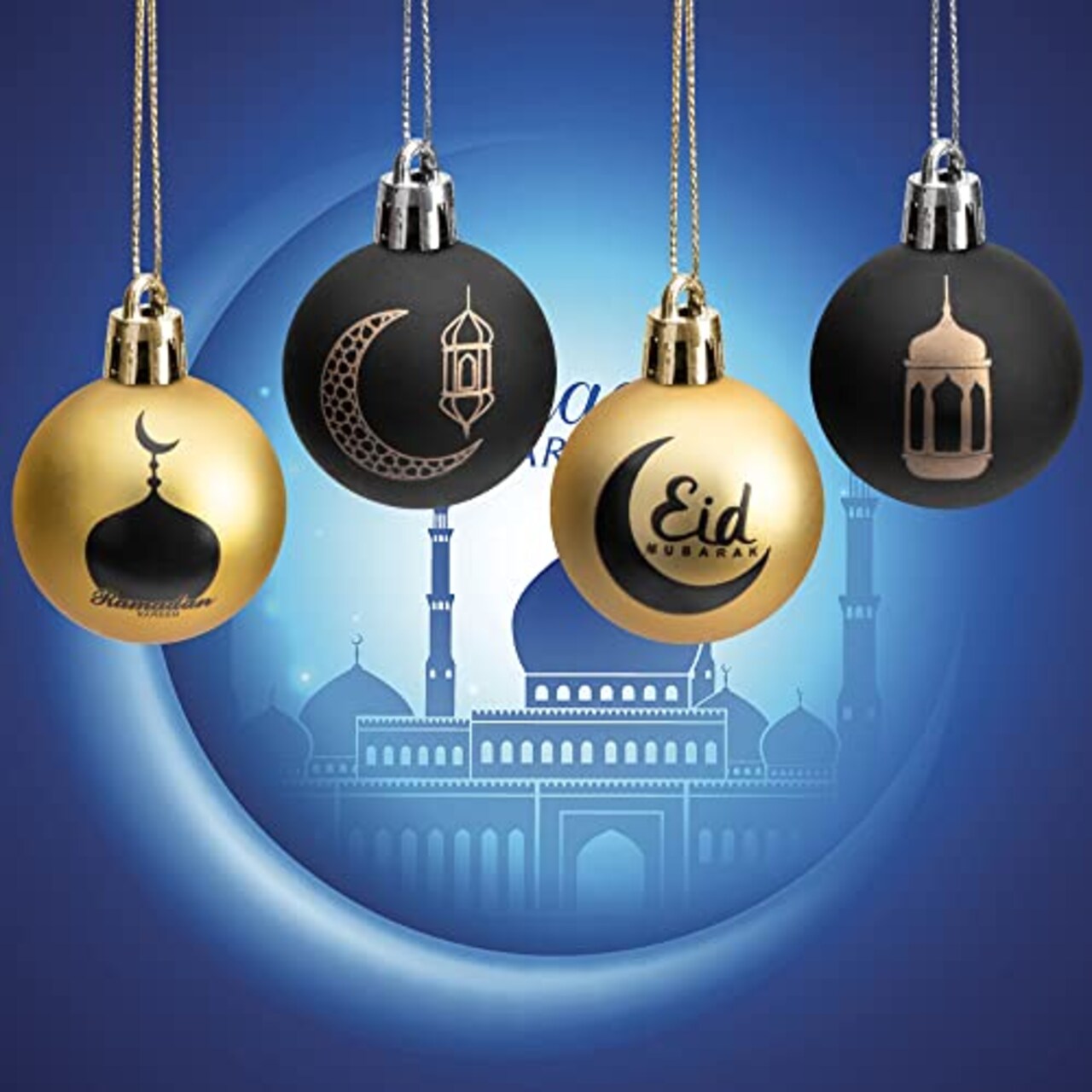 24 Pieces Ramadan Ornament Ball, 1.57" Black Gold Eid Mubarak Hanging Balls, Ramadan Mubarak Ornaments for Islamic Muslim Tree Party Decor